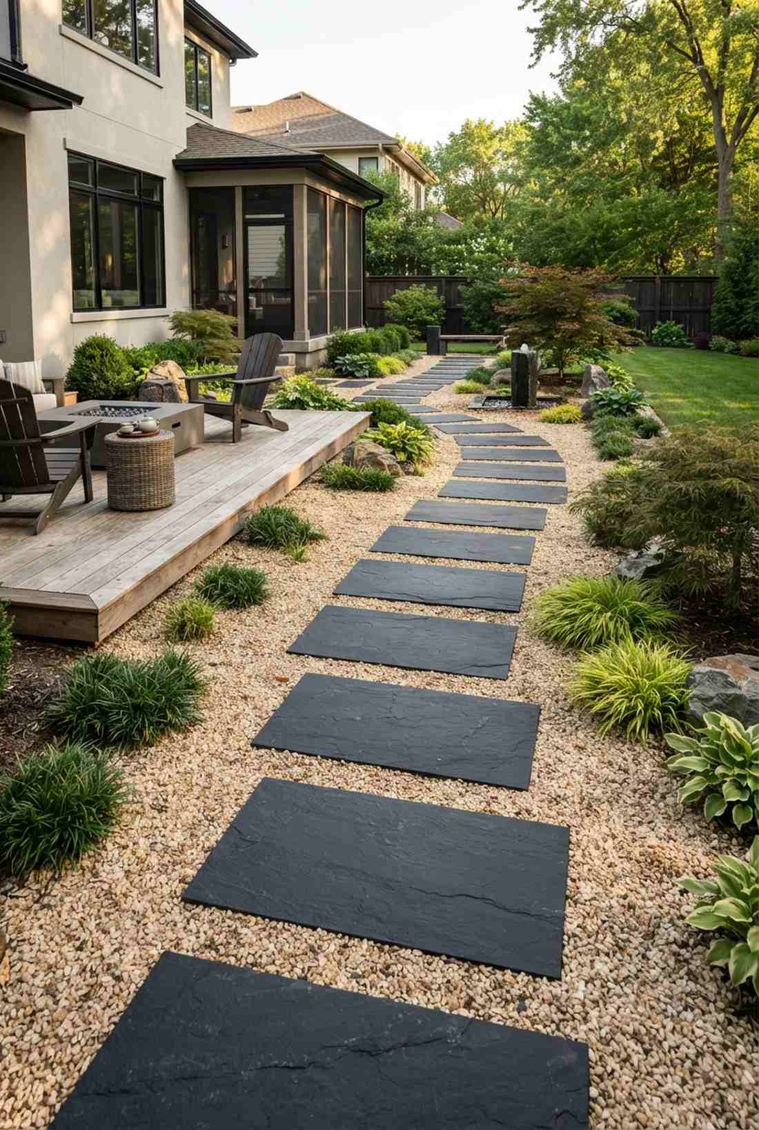 slate stepping stones in gravel