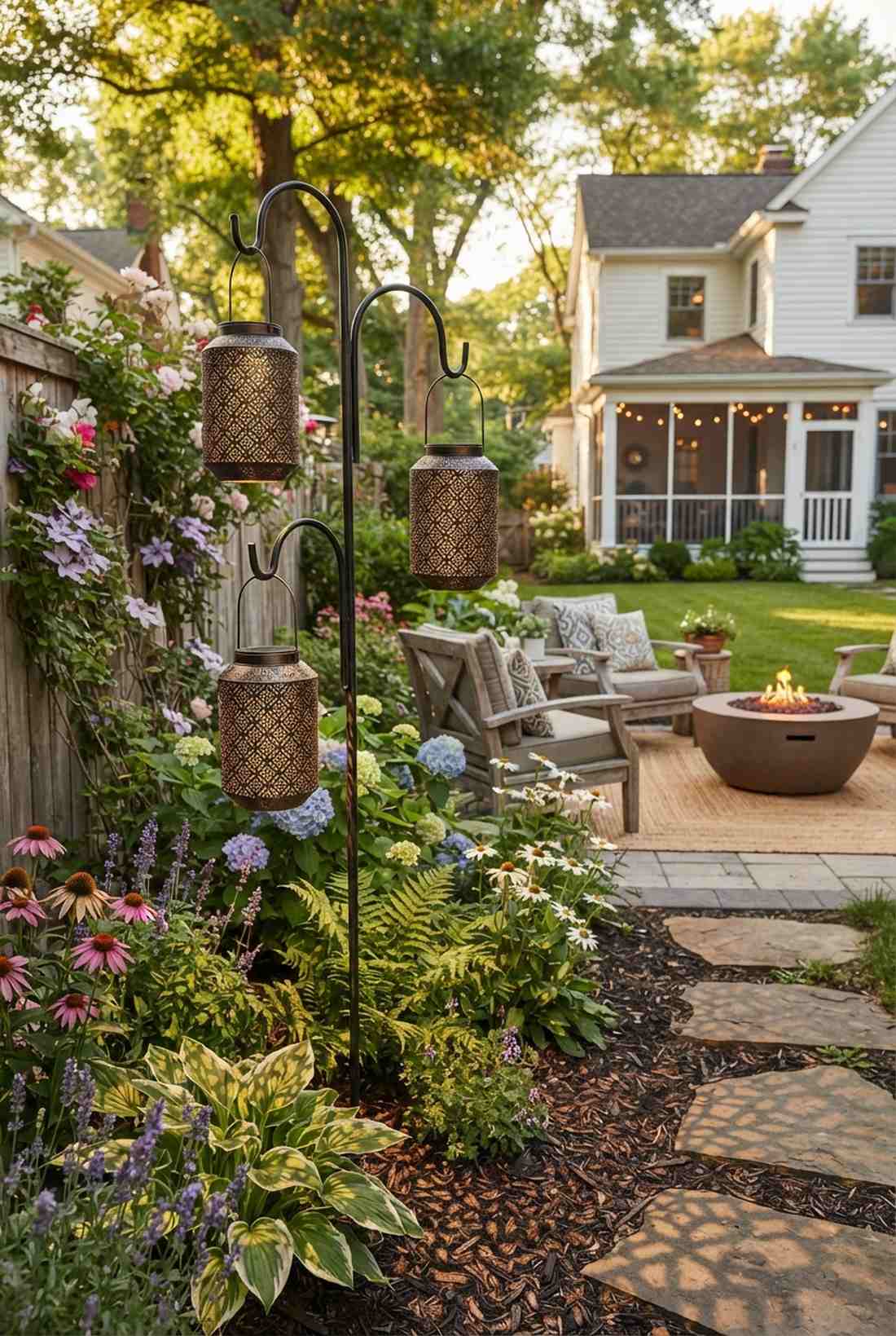 solar lanterns in flower borders