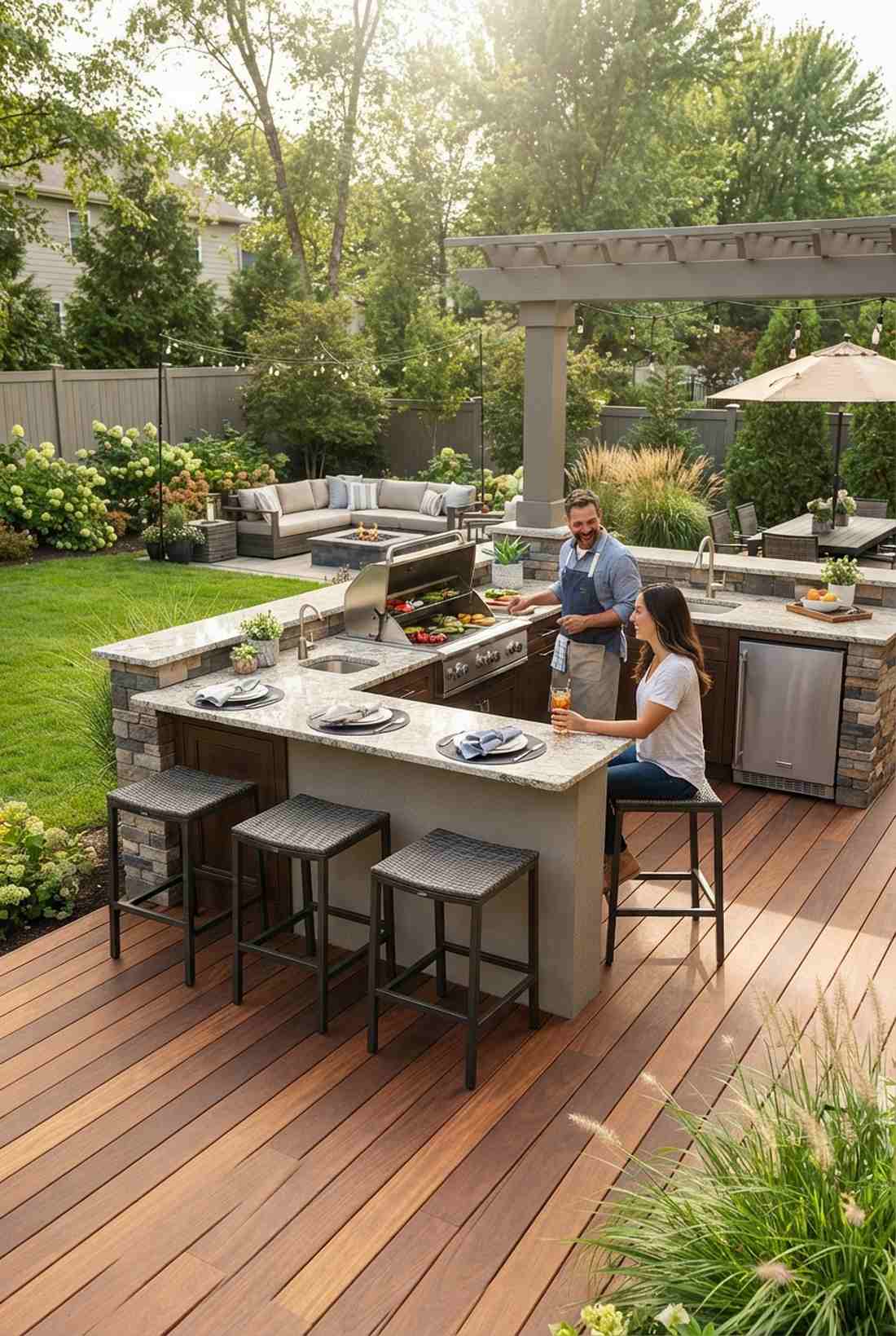 bar height seating near outdoor kitchen