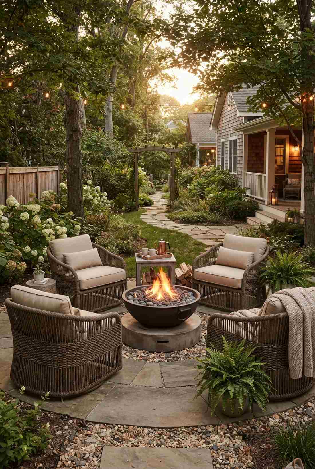 barrel chair set with fire bowl