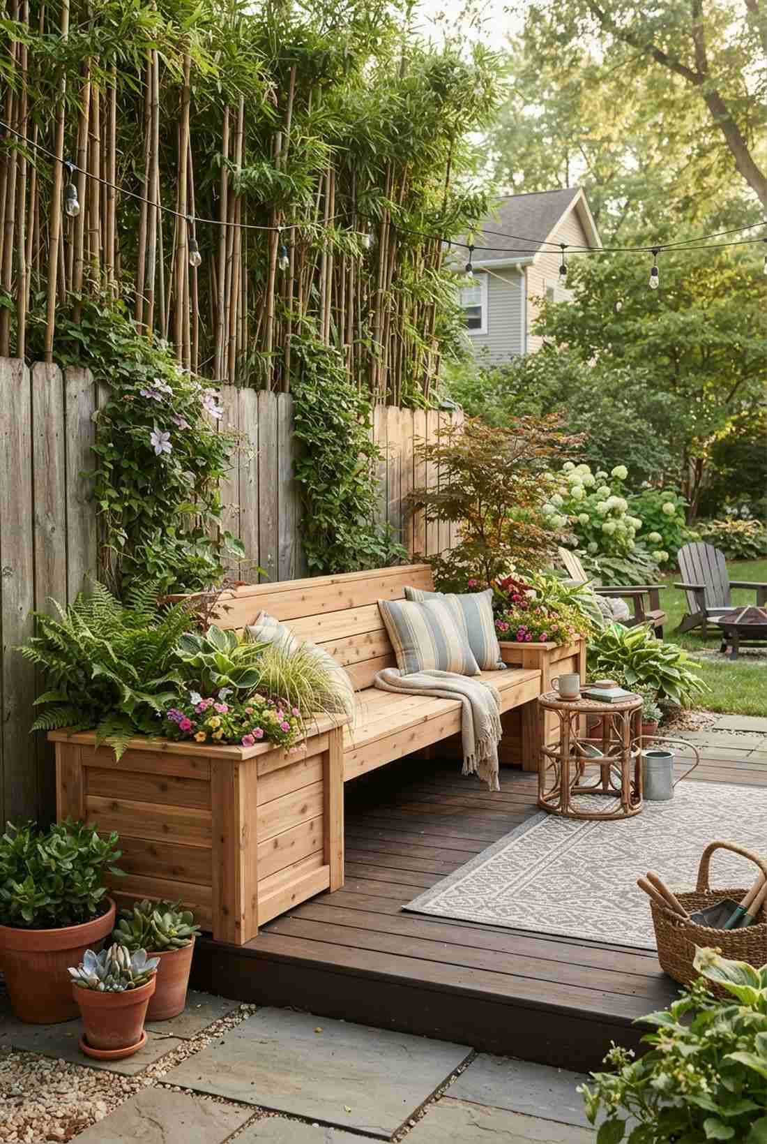 cedar and bamboo planter benches