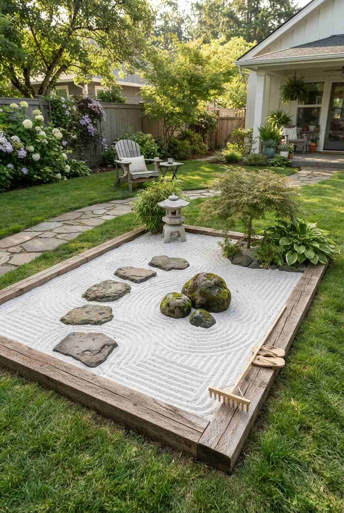 corner zen garden with raked gravel