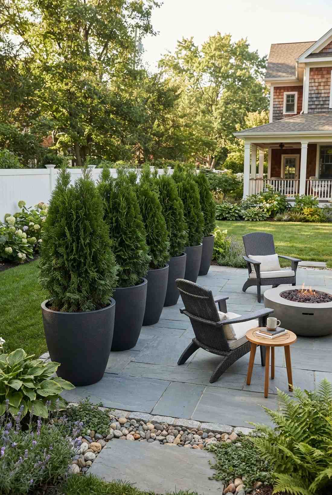 evergreen shrubs in large containers