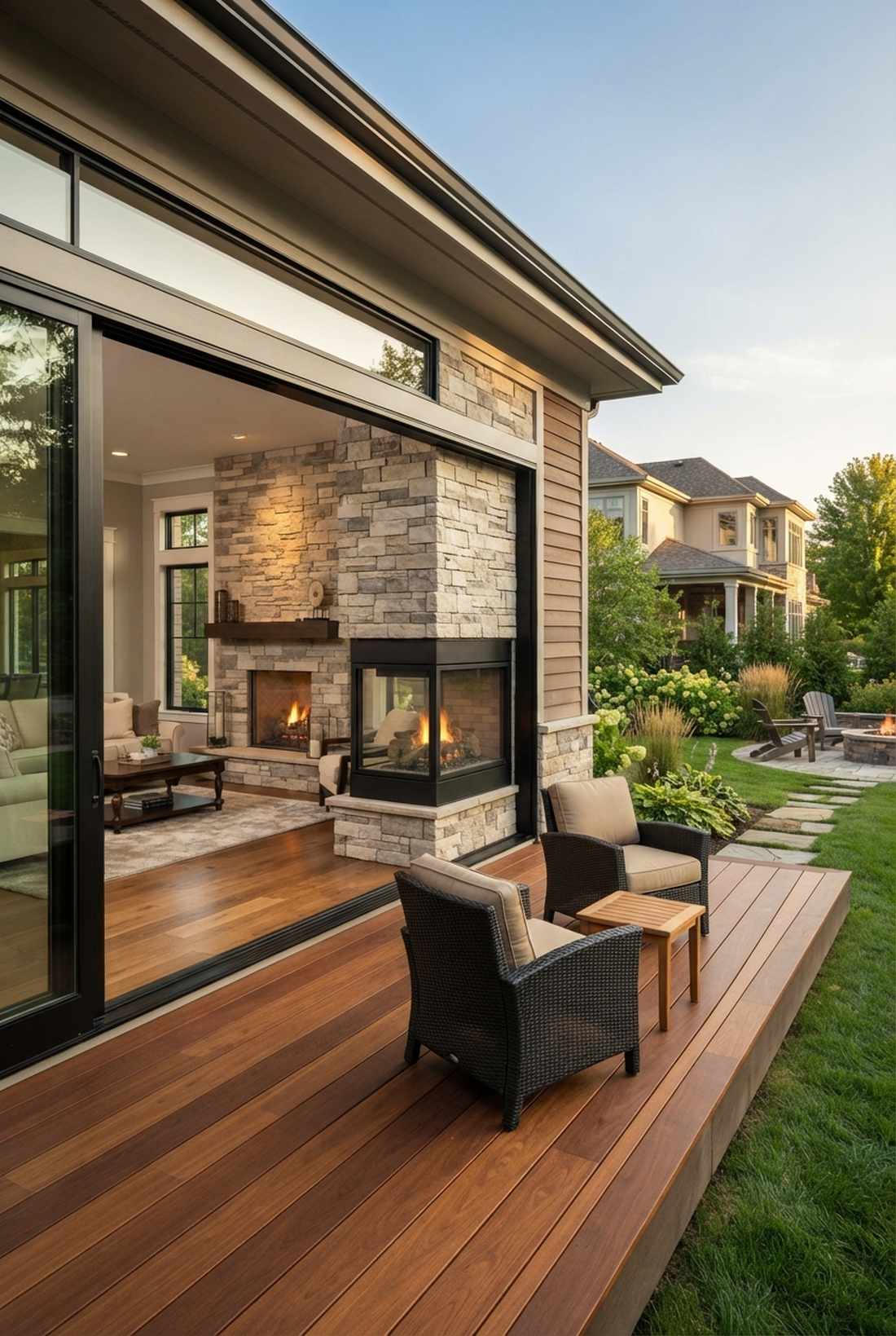 indoor outdoor double sided fireplace