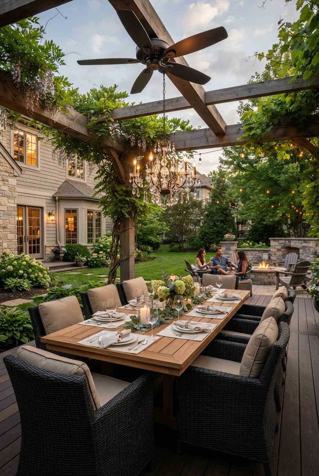outdoor dining room with chandelier