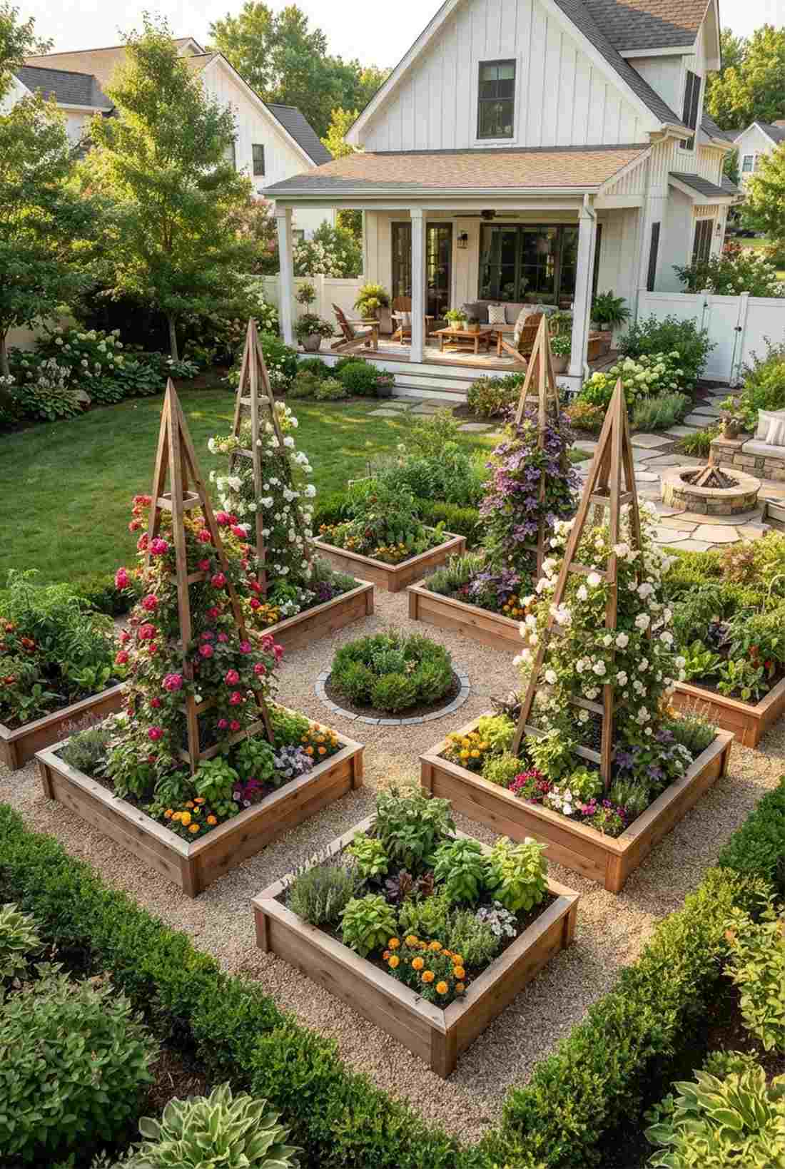 quadrant flower beds with obelisks