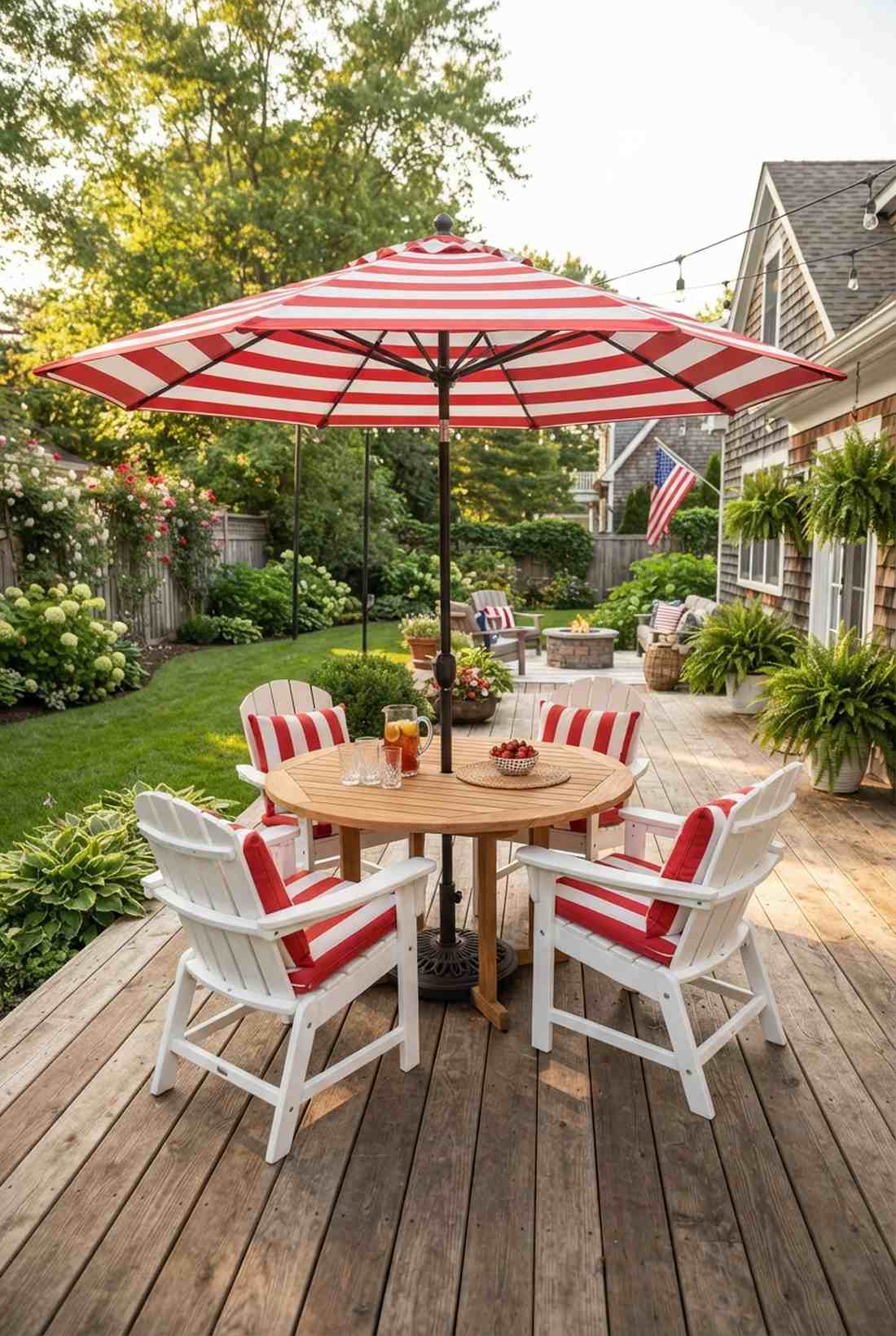 red and white striped awning with matching cushions