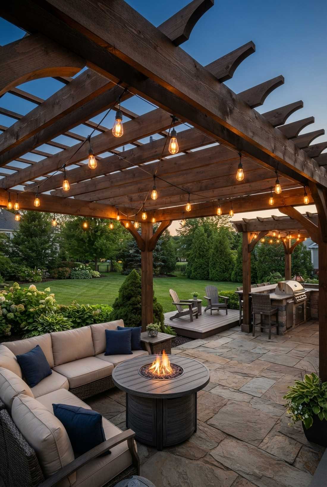 string lights woven through pergola beams