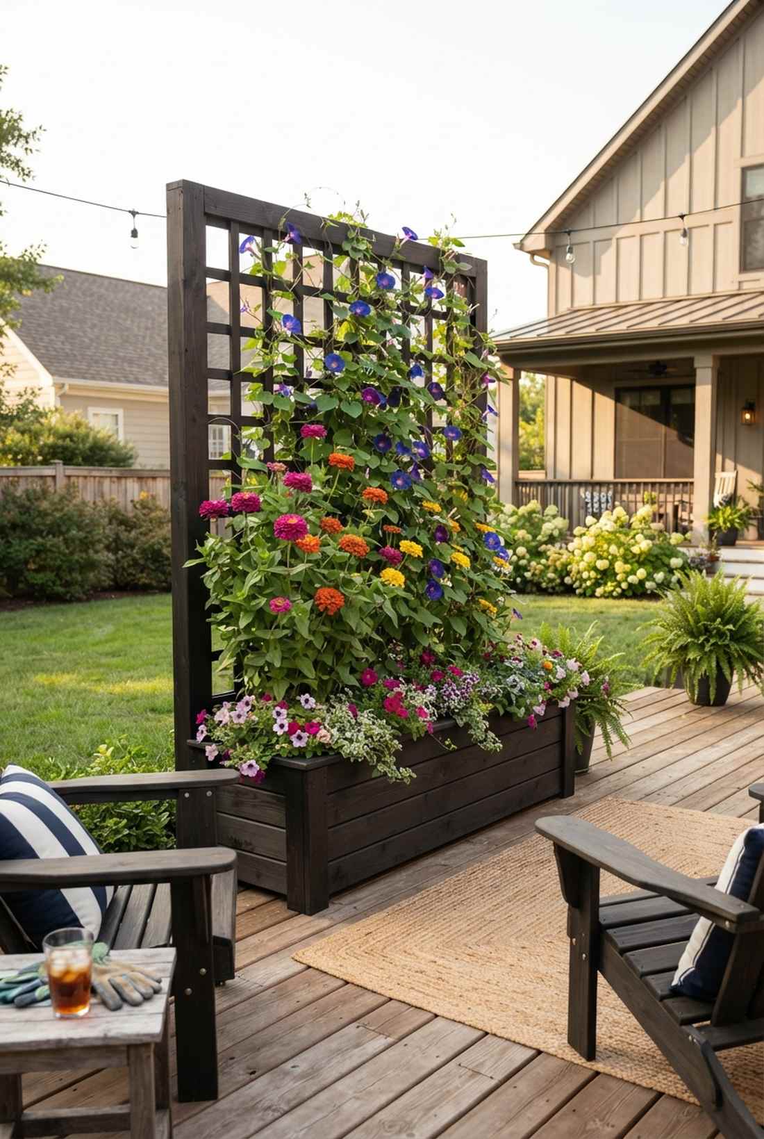 trellis backed container garden