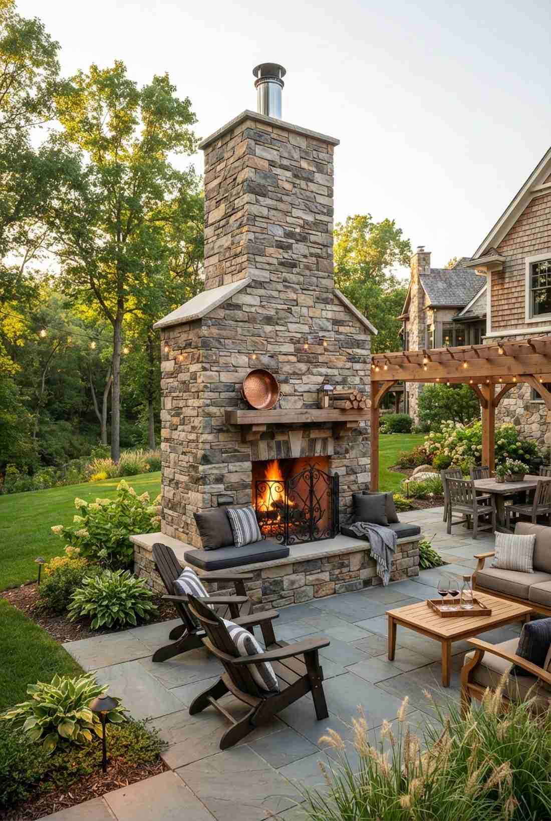 built in stone fireplace wall