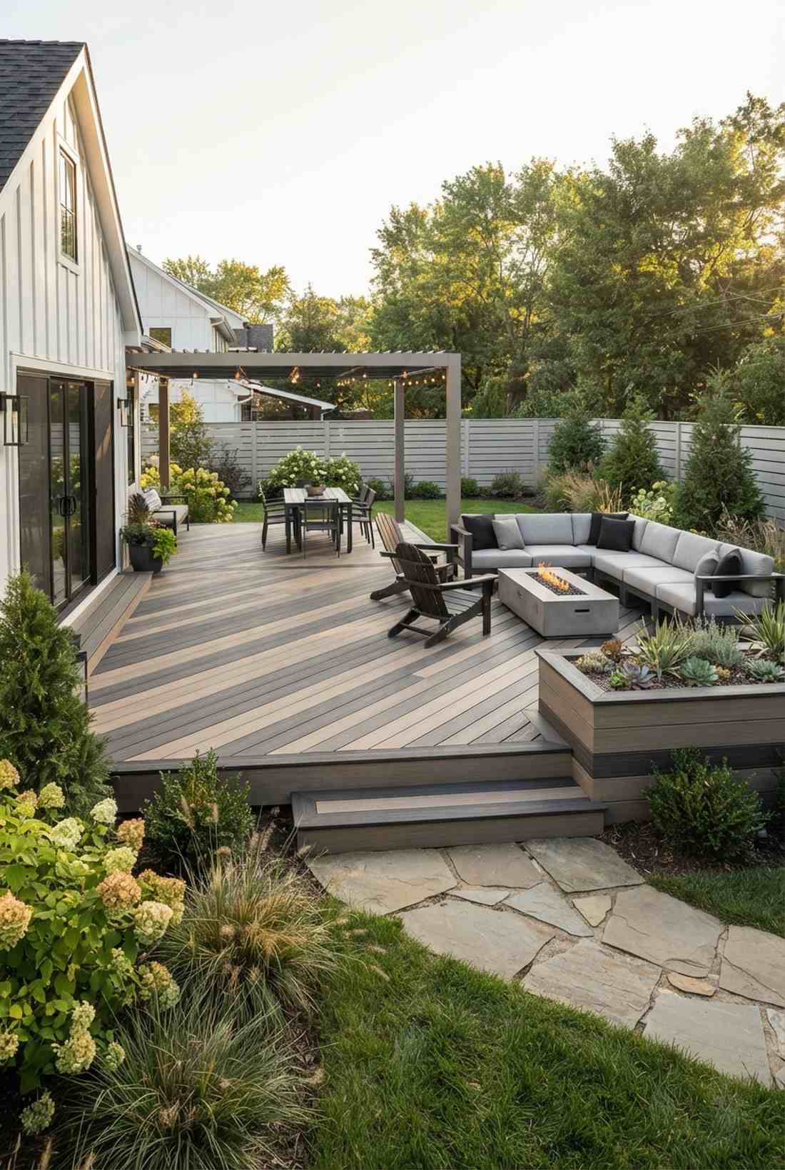 composite decking in charcoal and sand tones