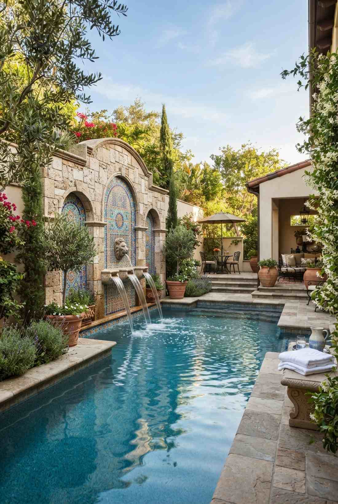 courtyard pool with fountain wall