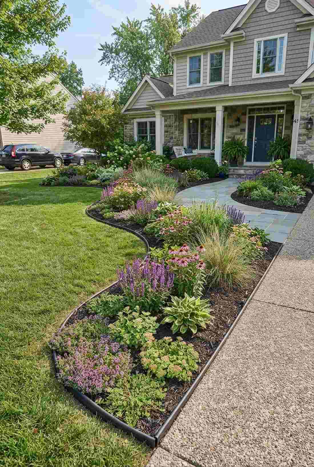 curved border flower bed with layers
