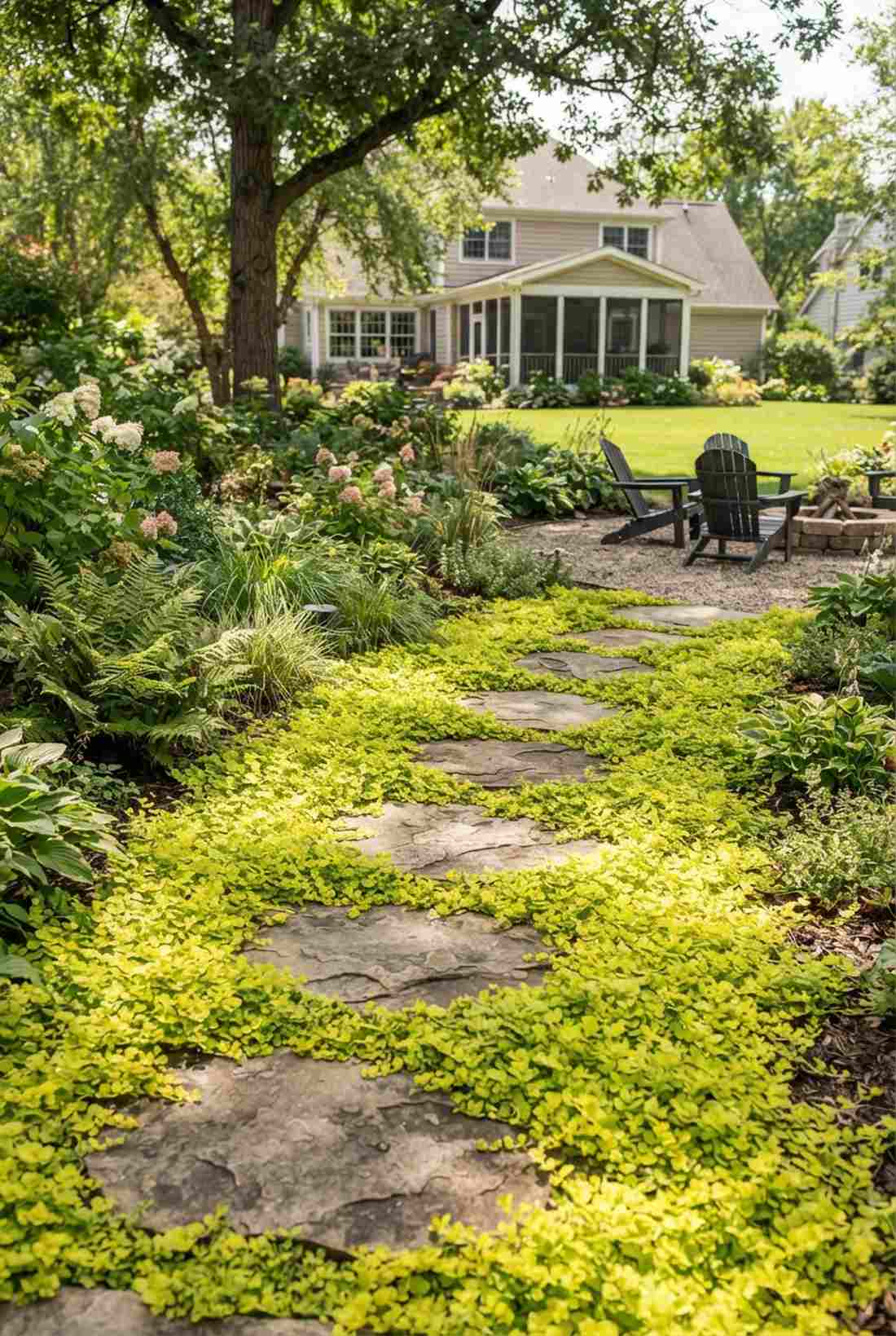 curved stepping stones in moss and groundcover