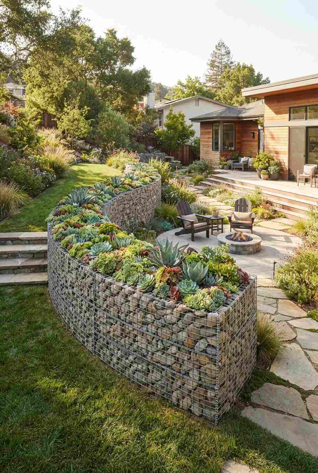gabion and succulent feature walls