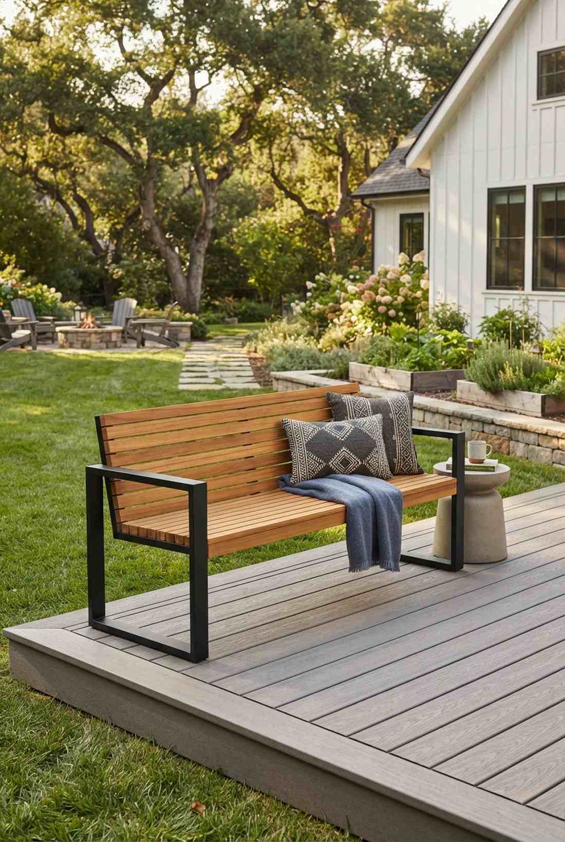 slatted teak bench with steel frame