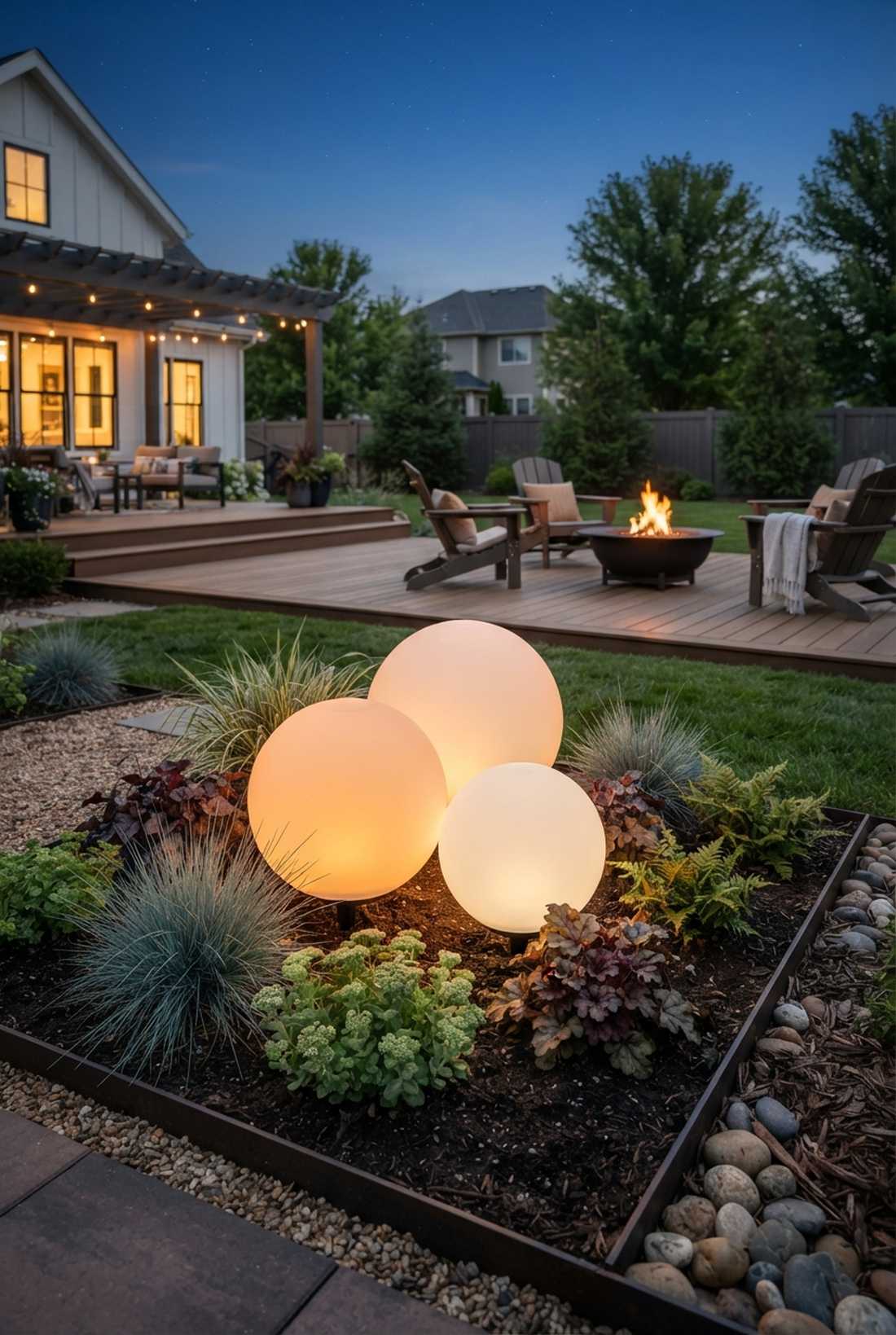 solar globe lights in landscape beds