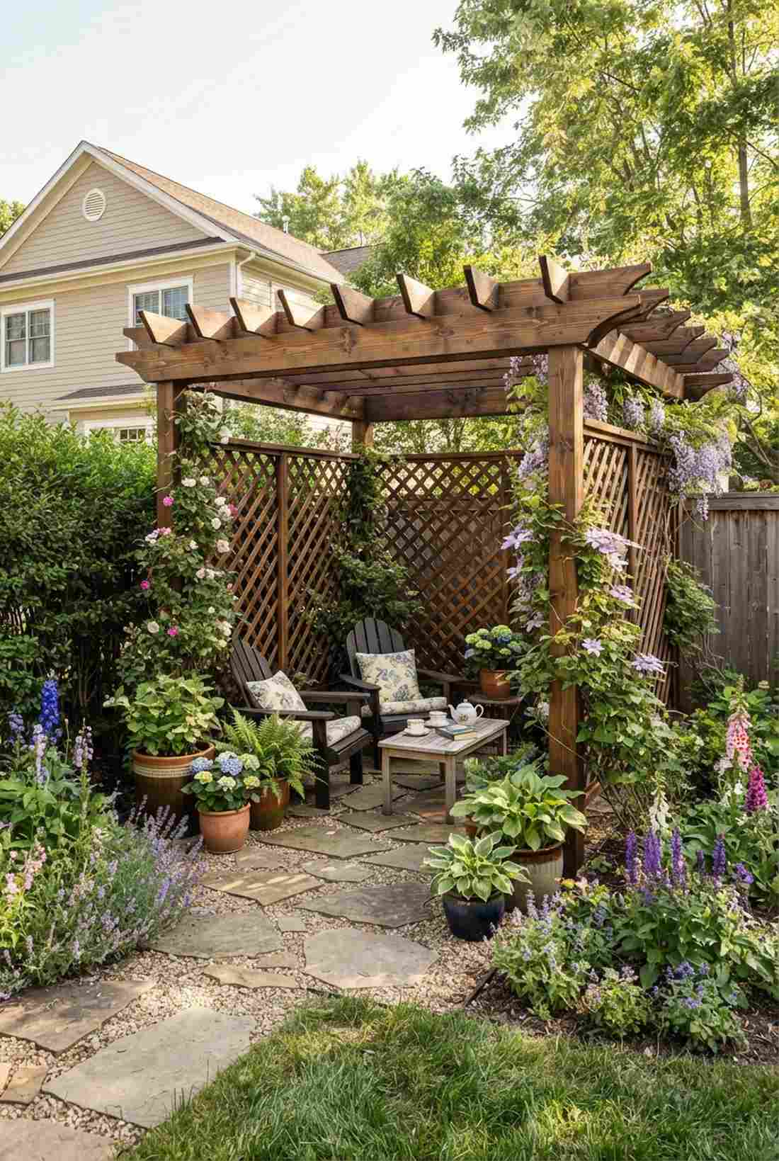 stained pine pergola with lattice sides