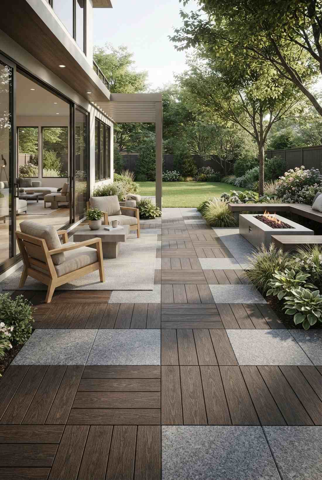 stone pavers alternating with wood decking
