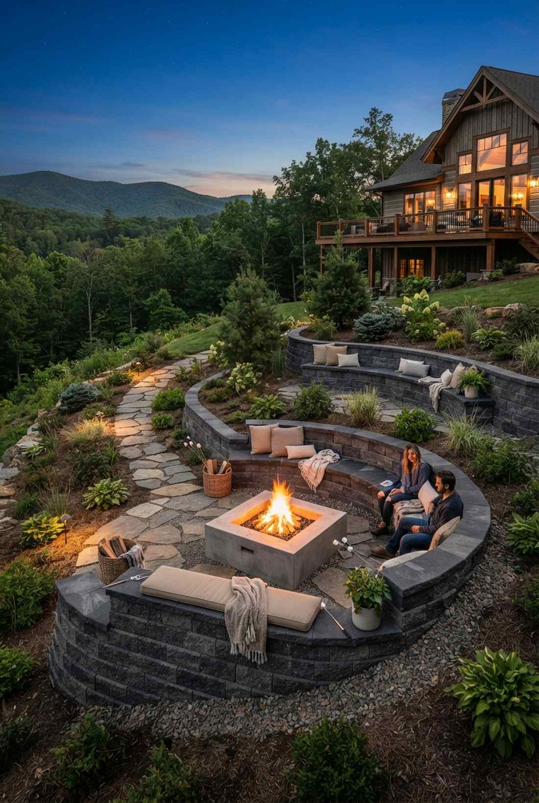 tiered elevation fire pit seating