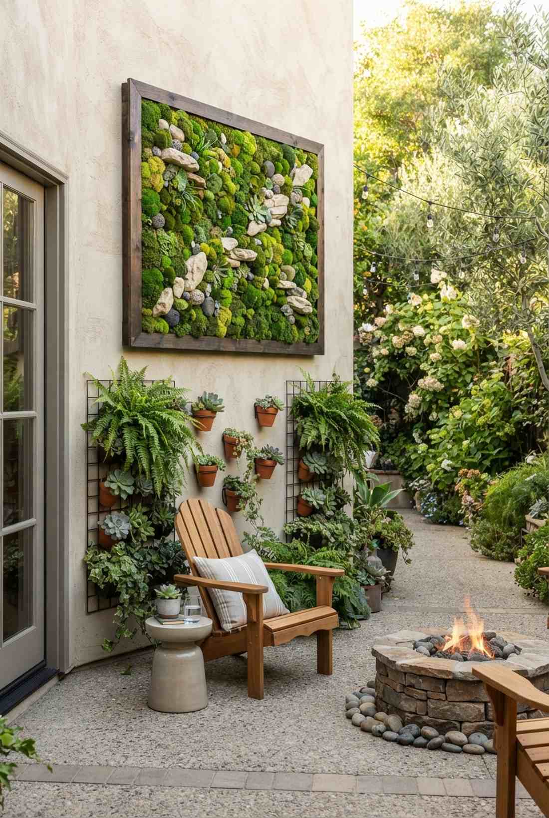 vertical garden wall with stone accent