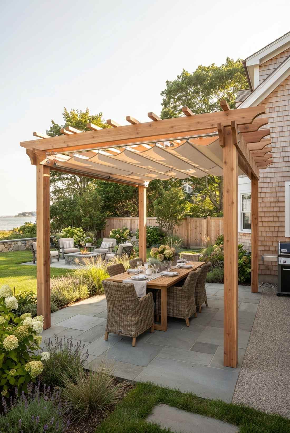cedar pergola with retractable canopy