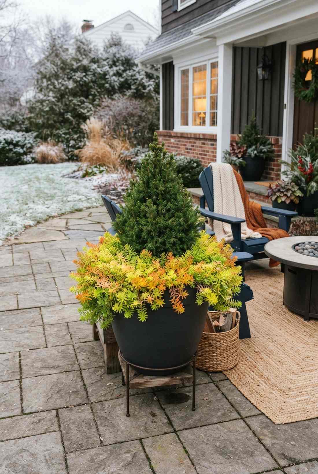 golden sedum and spruce combination