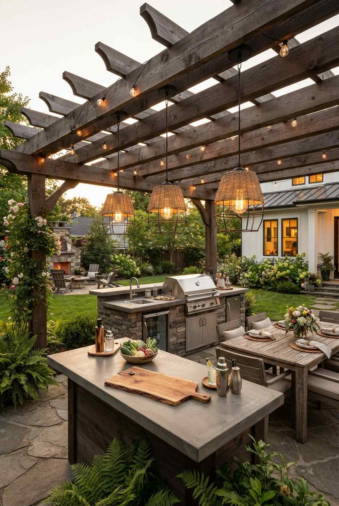 pendant lights suspended from pergola centers