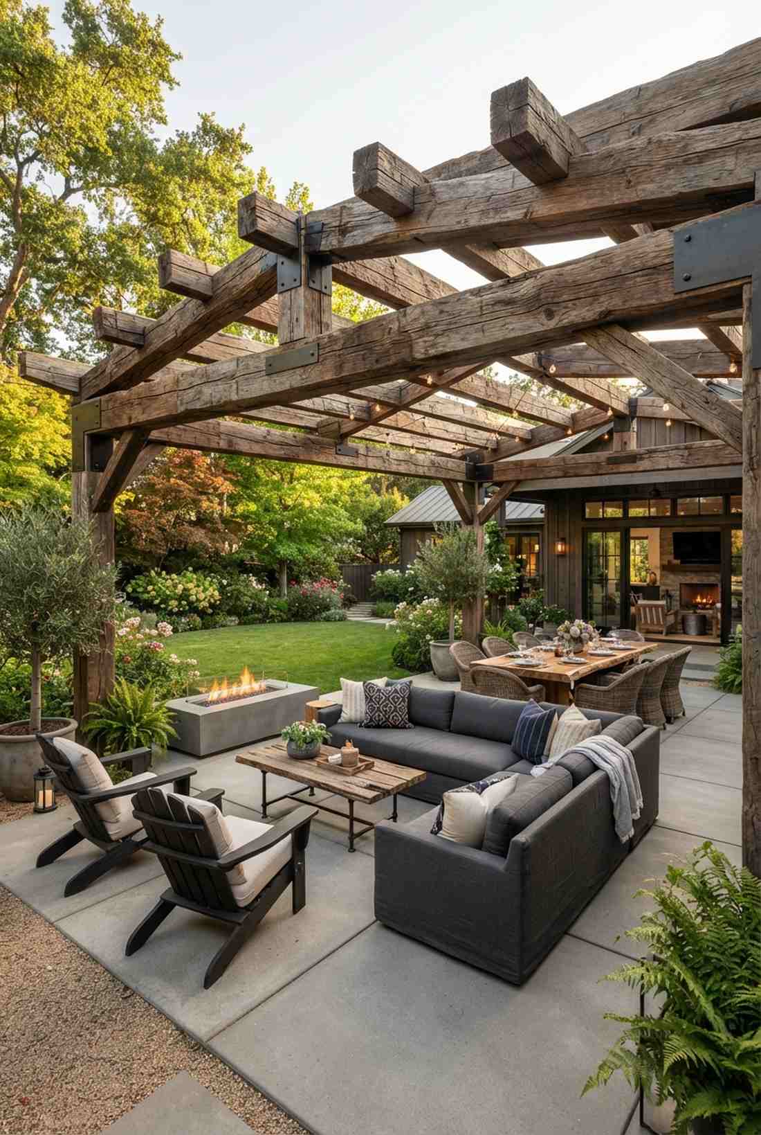 reclaimed wood beam pergola