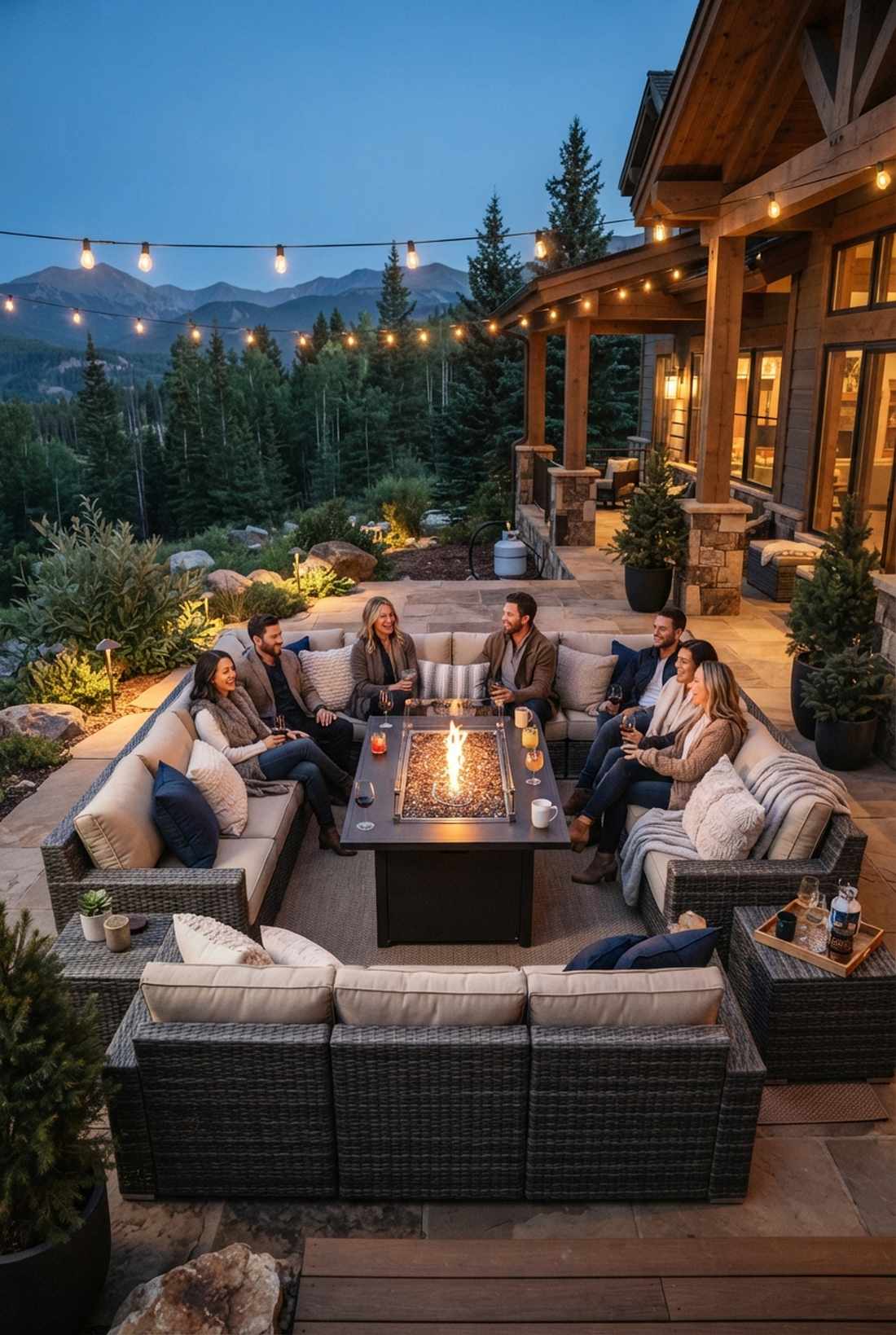 u shaped conversation set with fire pit table