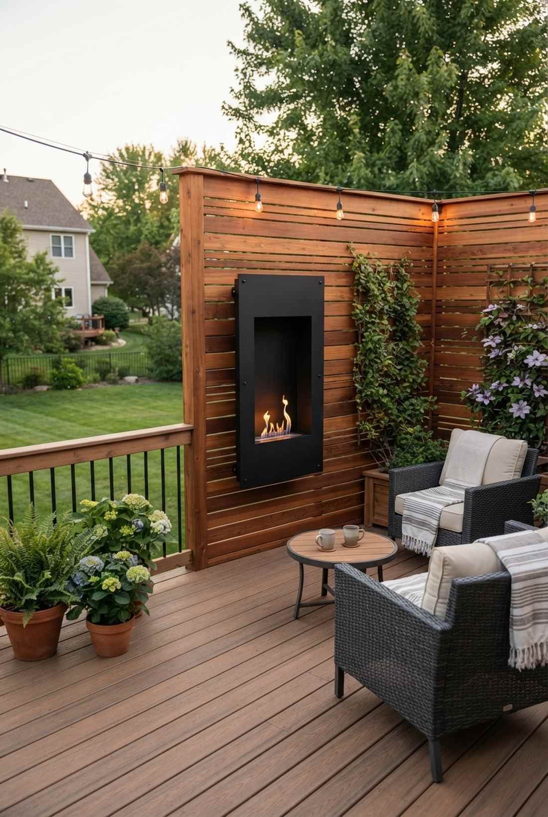 wall mounted fireplace on privacy screen