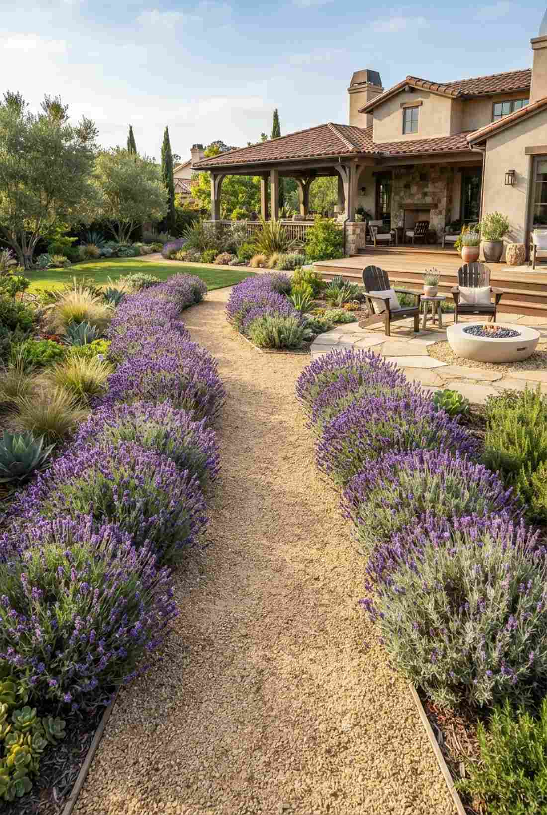 lavender lined gravel walkway