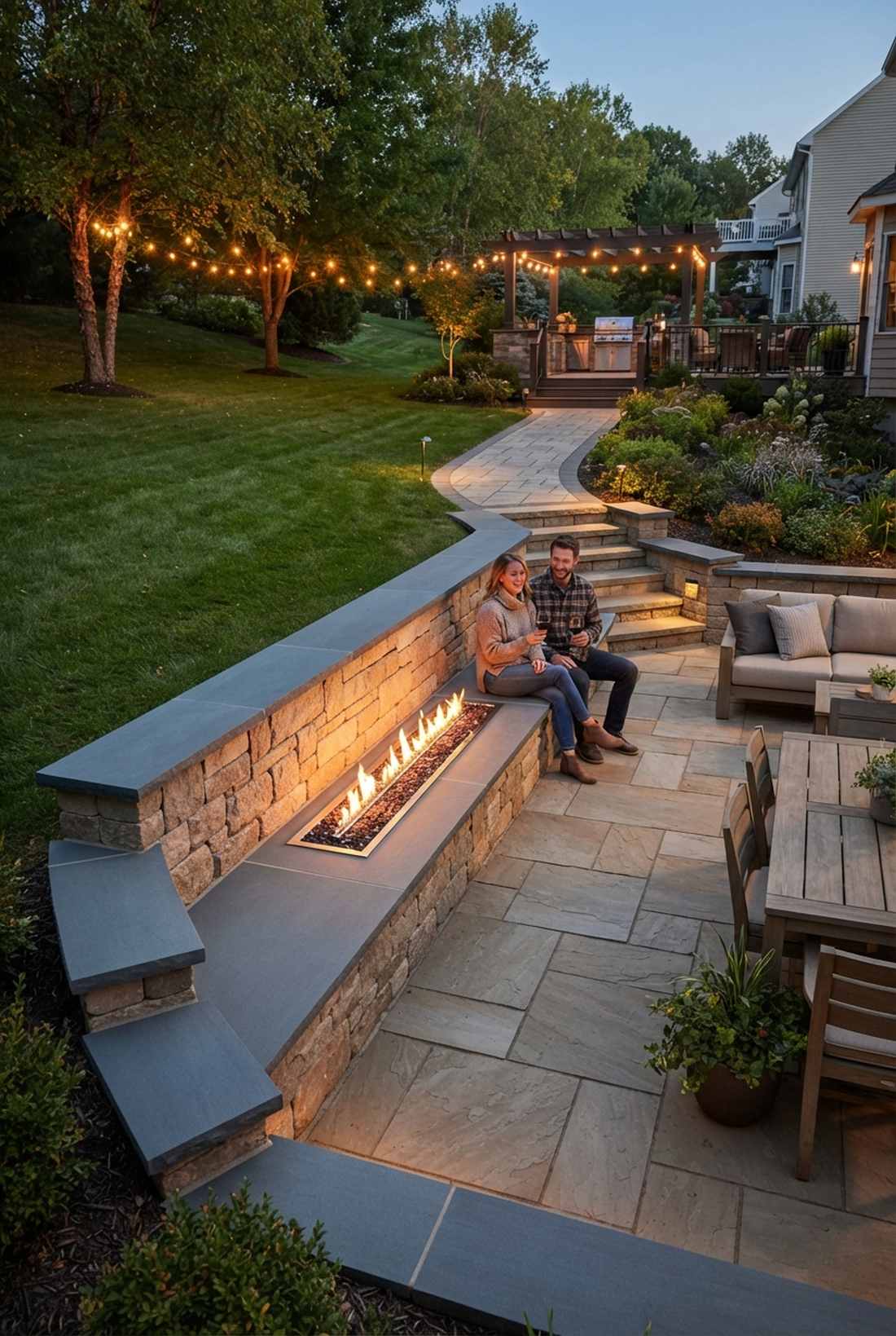 narrow linear fireplace along retaining wall