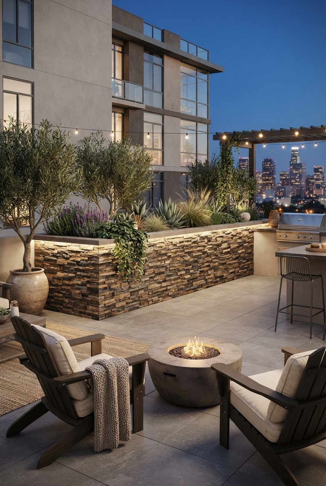 natural stone cladding on planter walls
