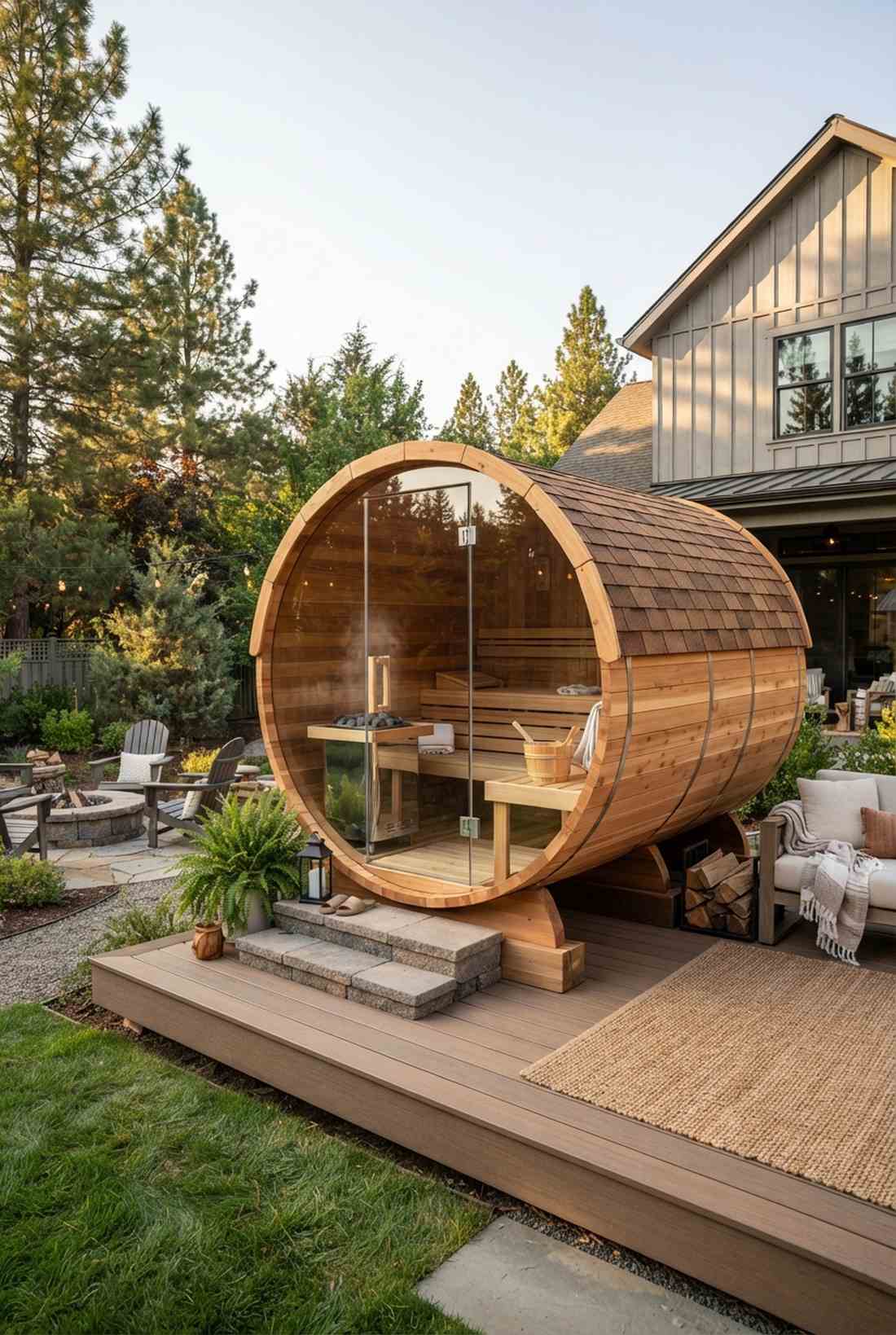 outdoor sauna with panoramic windows