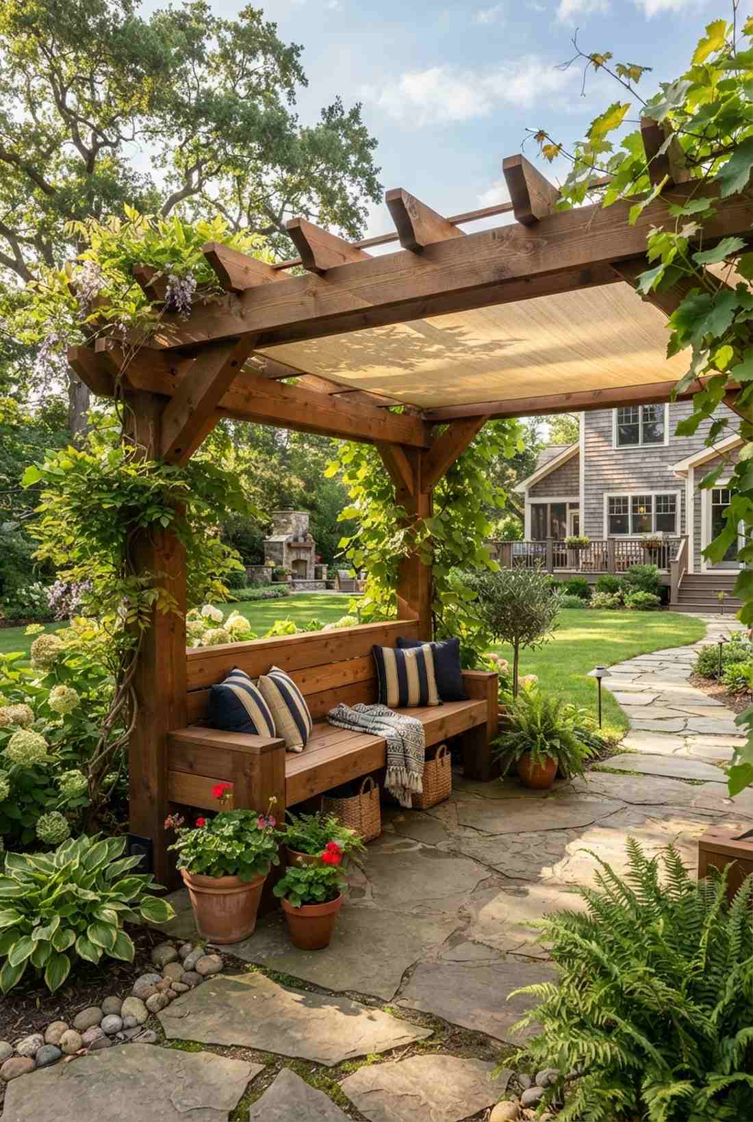 pergola bench with shade canopy