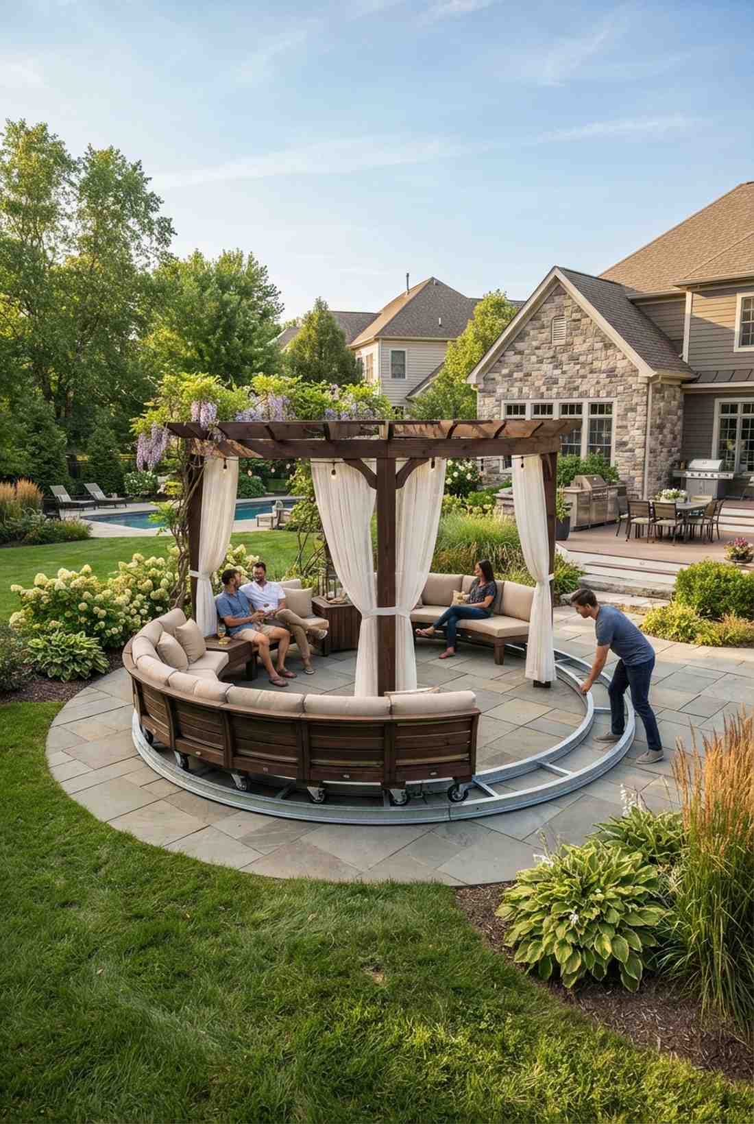 tracked circular pergola seating