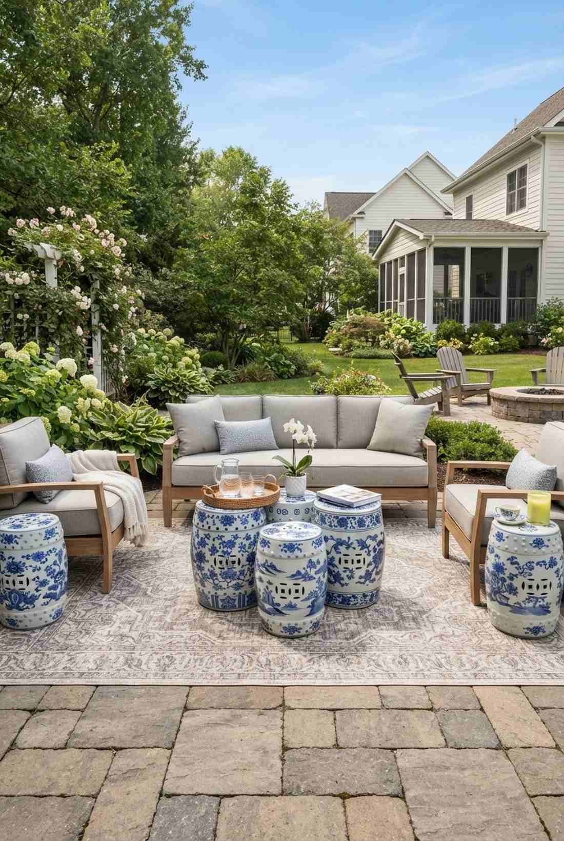 blue and white ceramic garden stools