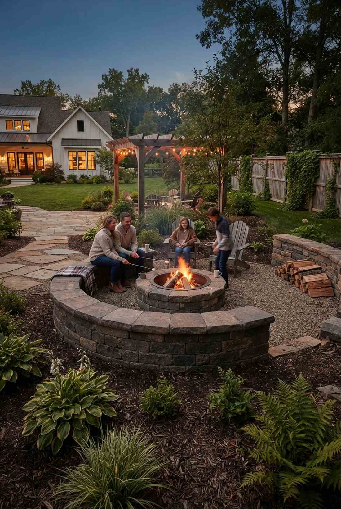 fire pit surrounding stone bench ring