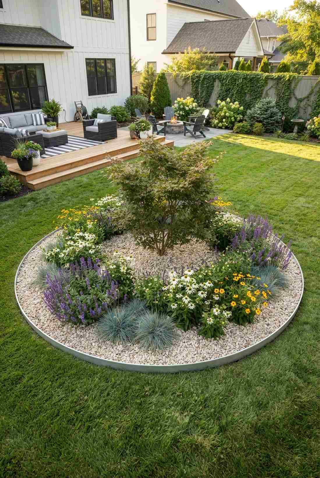 graveled island bed with flower drifts