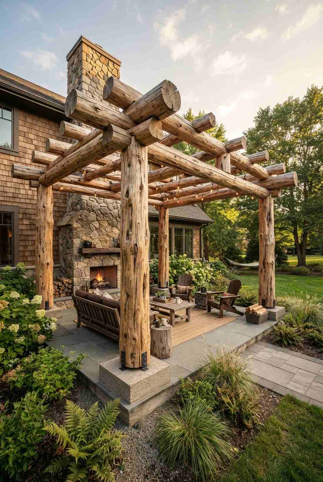 log post pergola with cross beams
