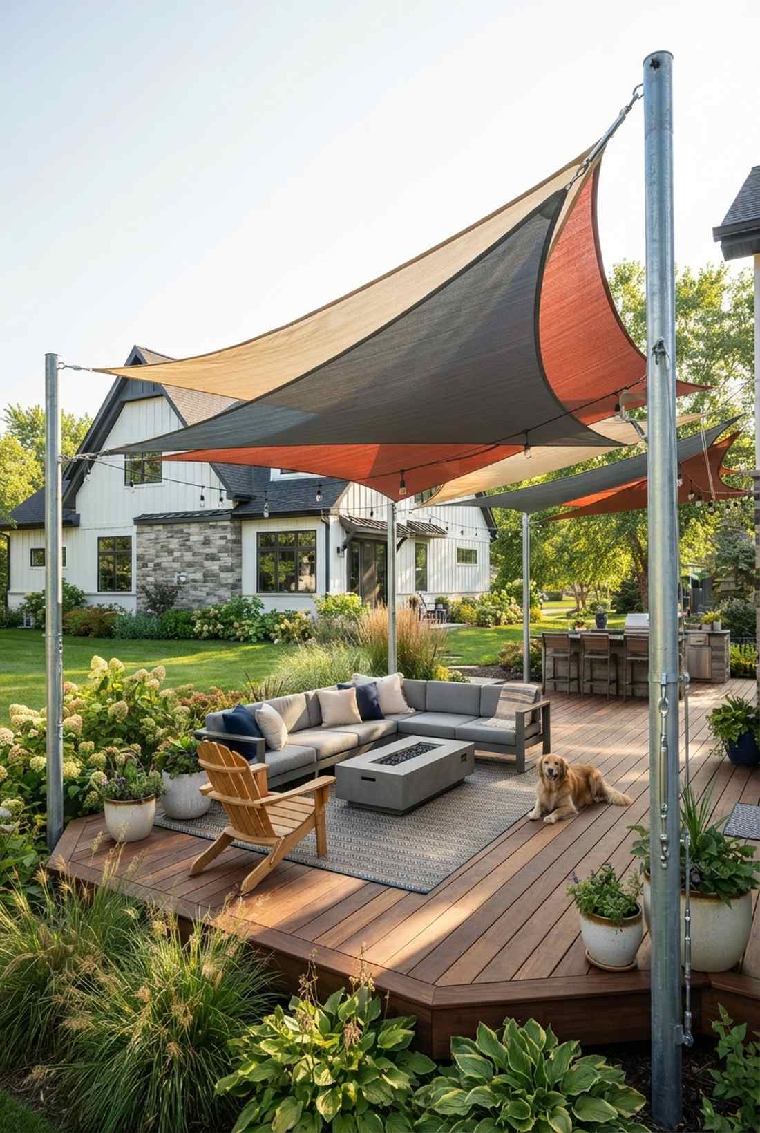 sail shade canopies in overlapping triangles