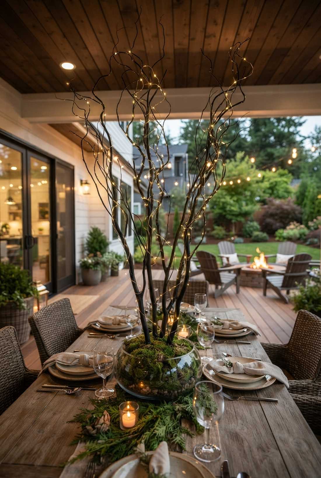 branch centerpiece with wrapped lights