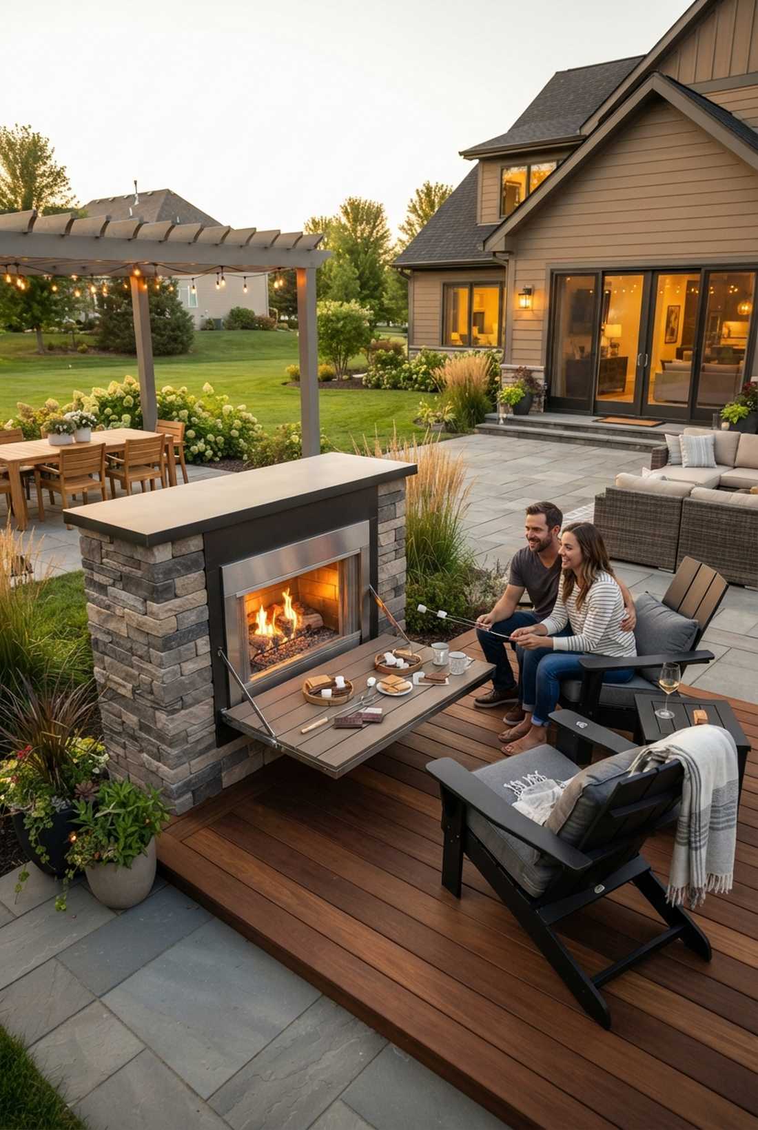 built in fireplace with fold down hearth table