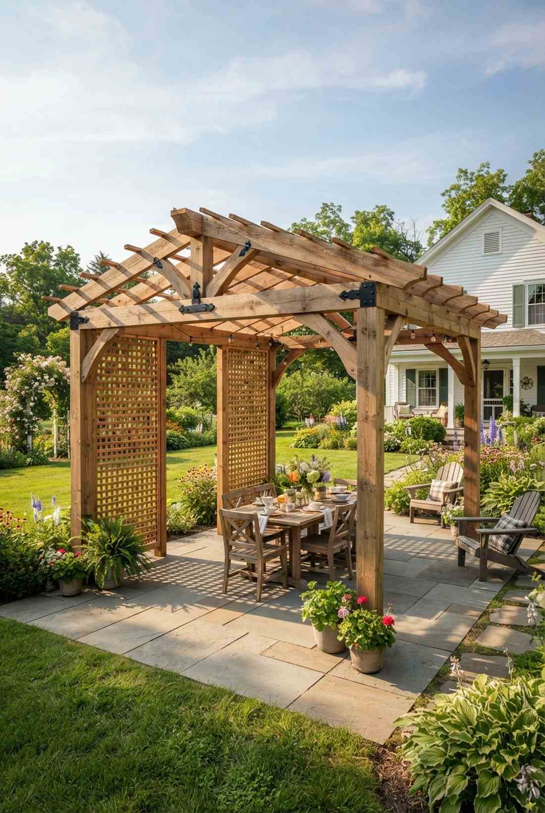cedar pergola with lattice walls