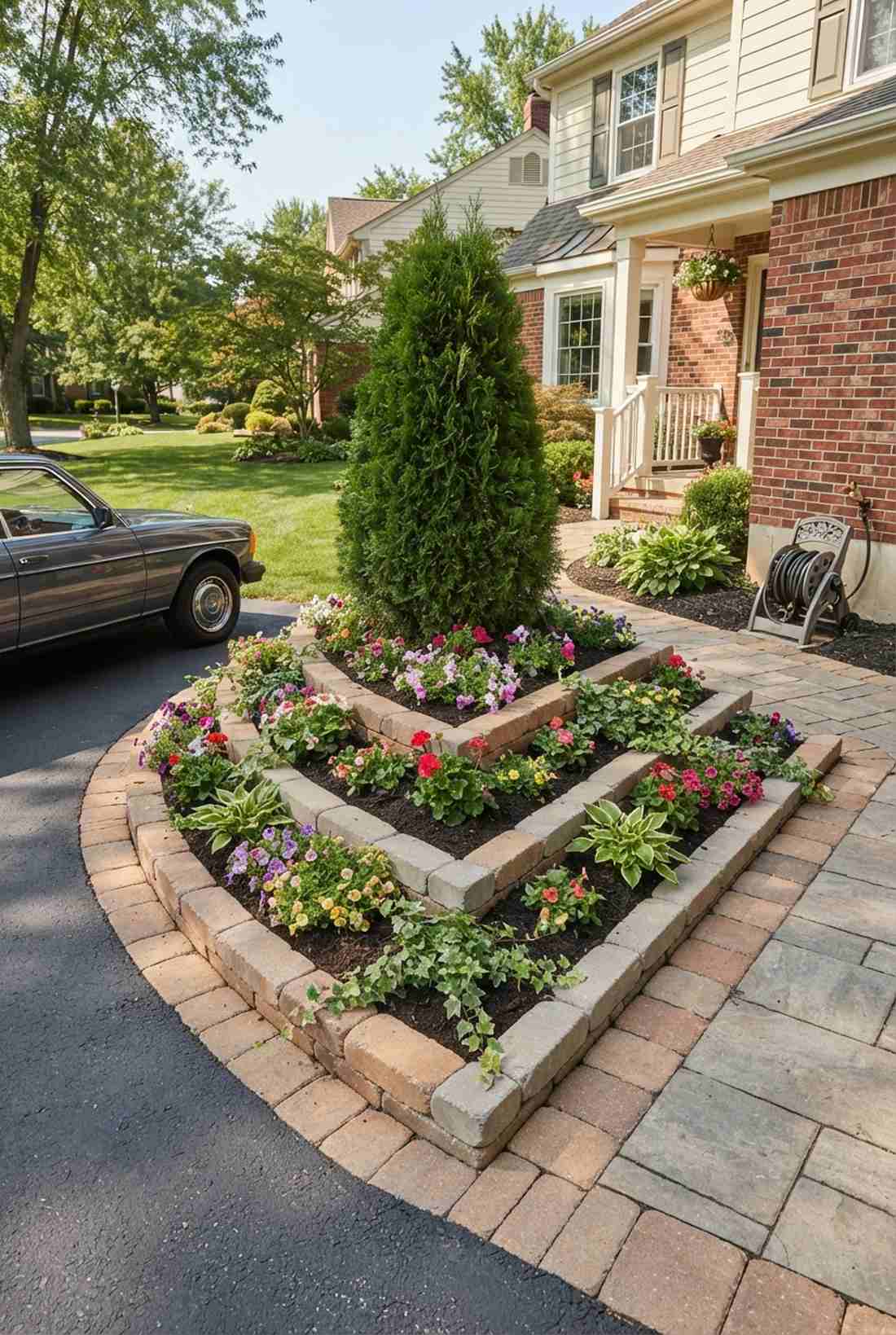 mixed height flower triangle in a corner