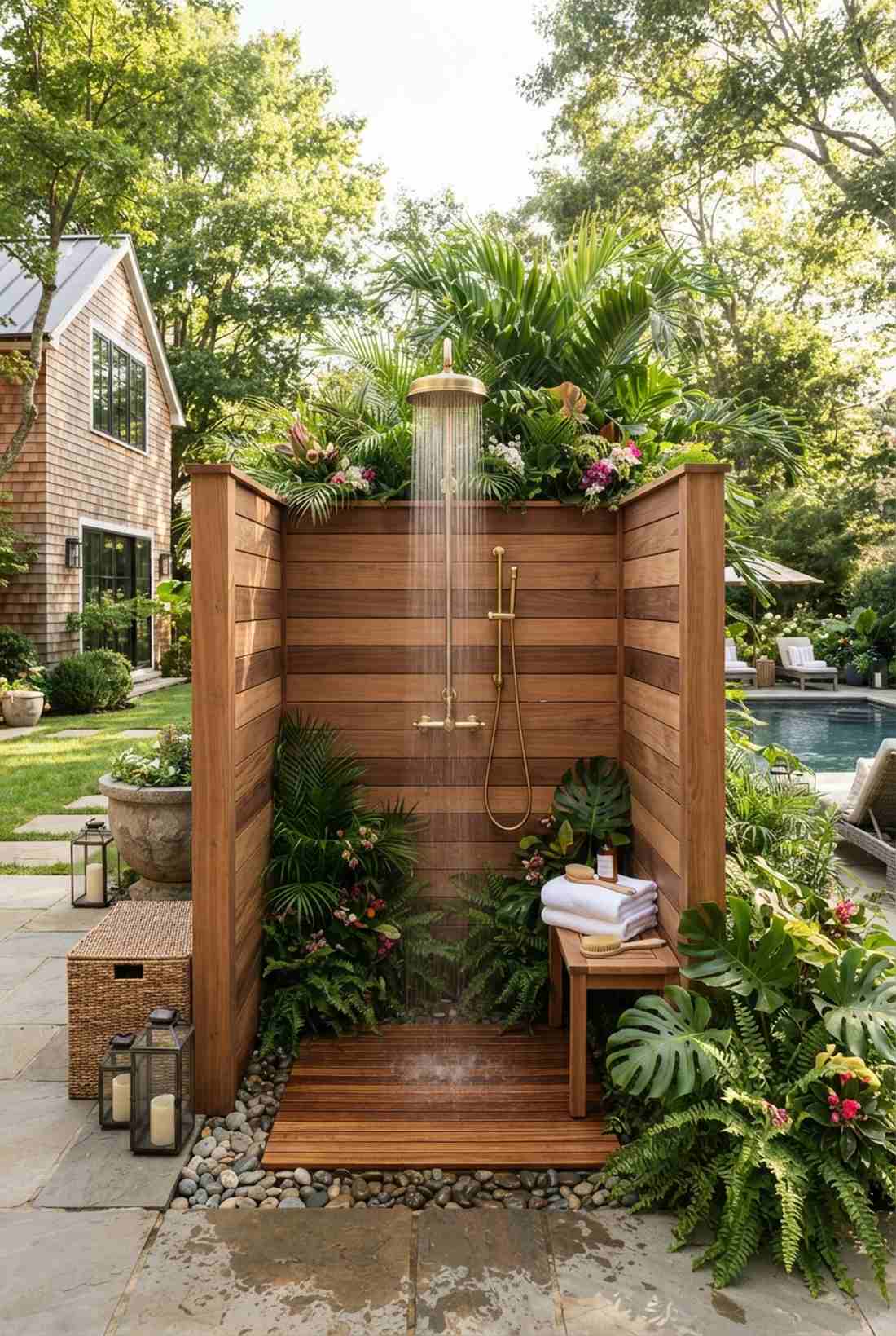 outdoor shower with rainfall head