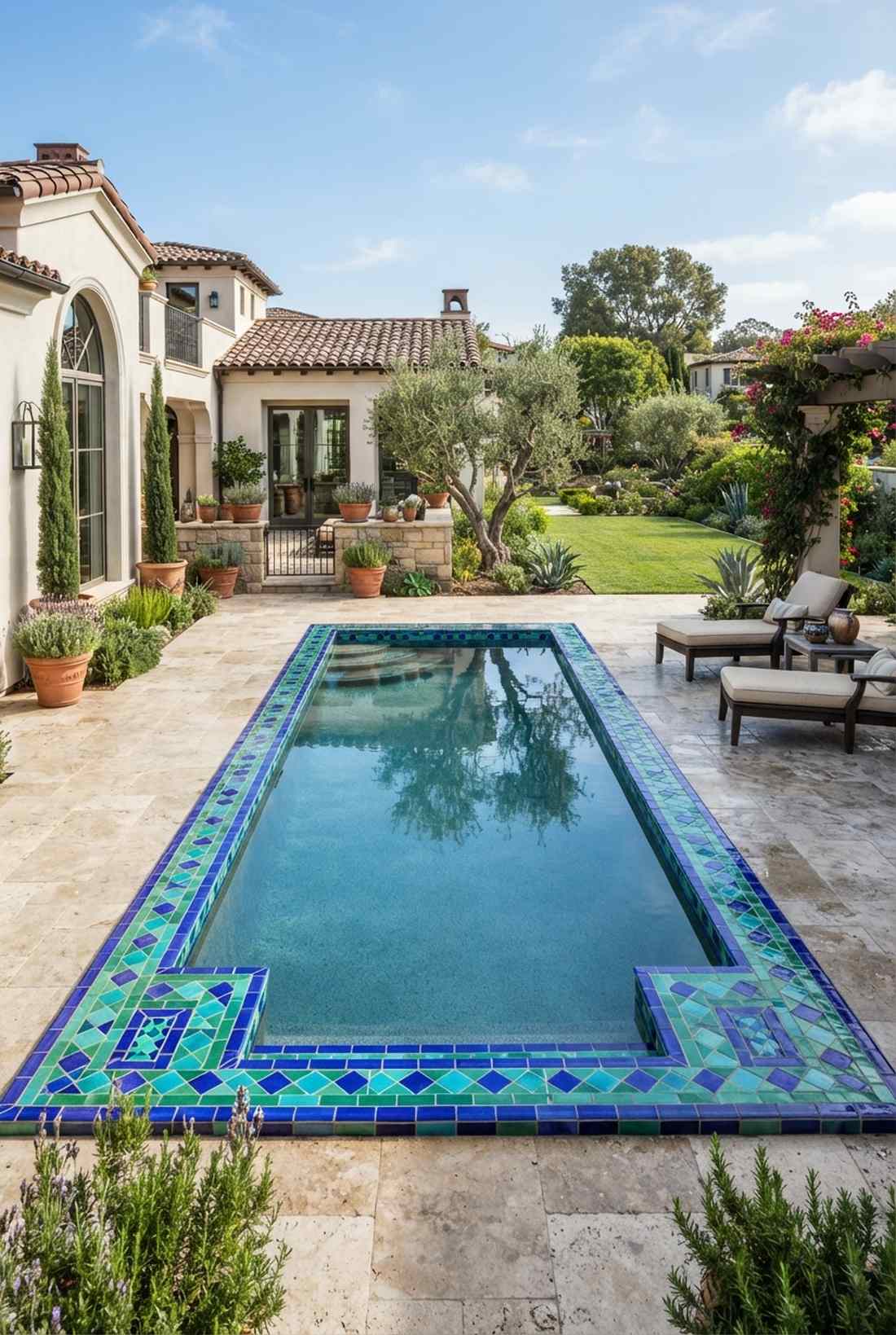 reflecting pool with tiled borders