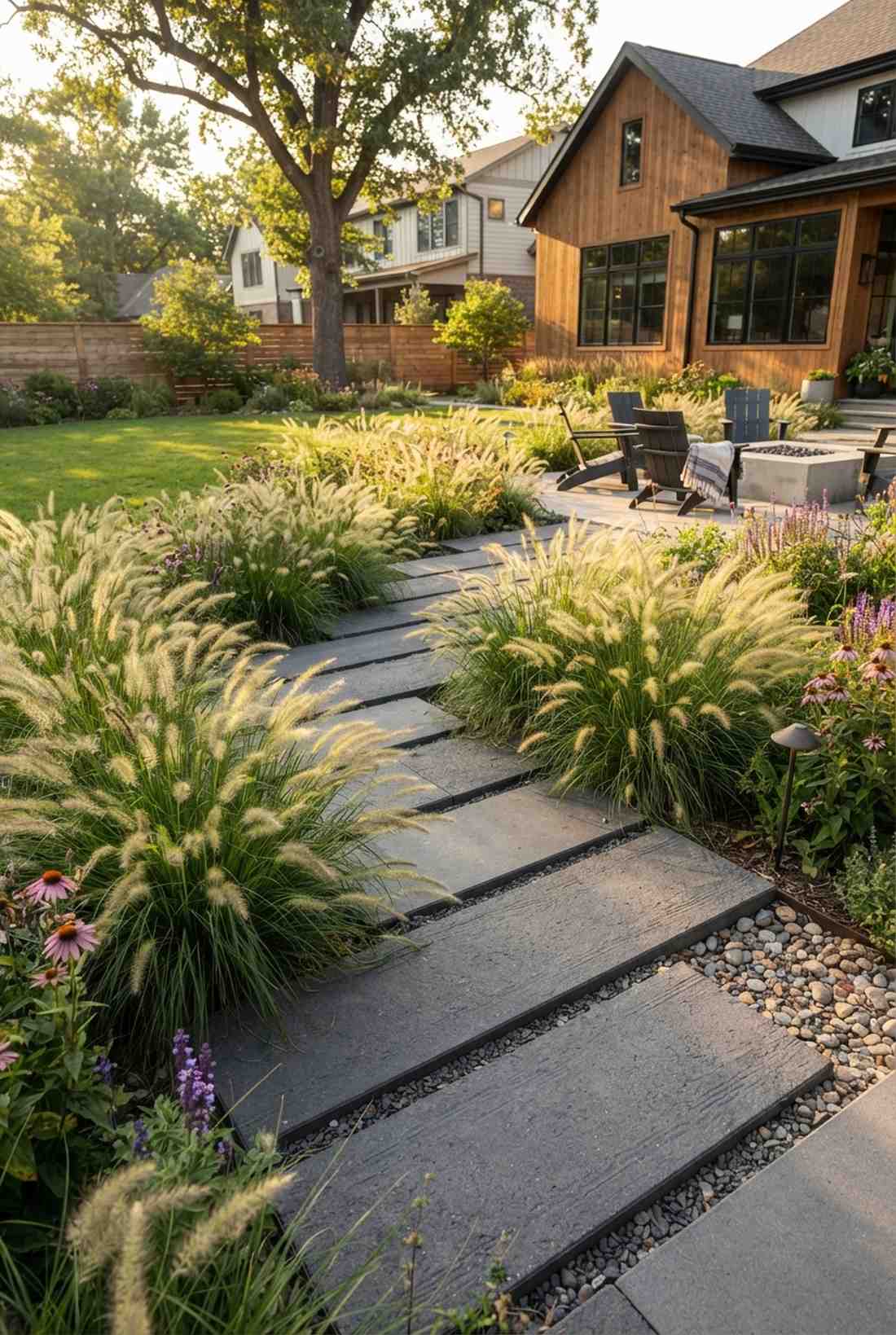 stone slabs through ornamental grass meadows