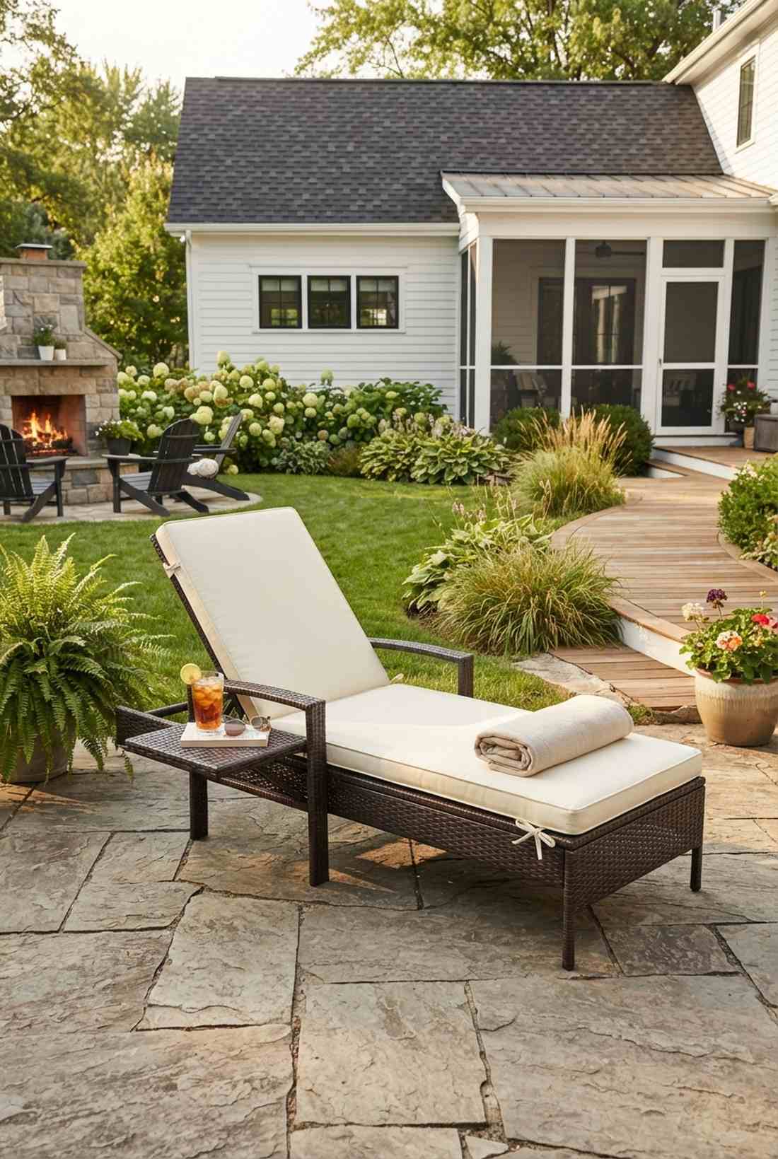 wicker chaise with side table